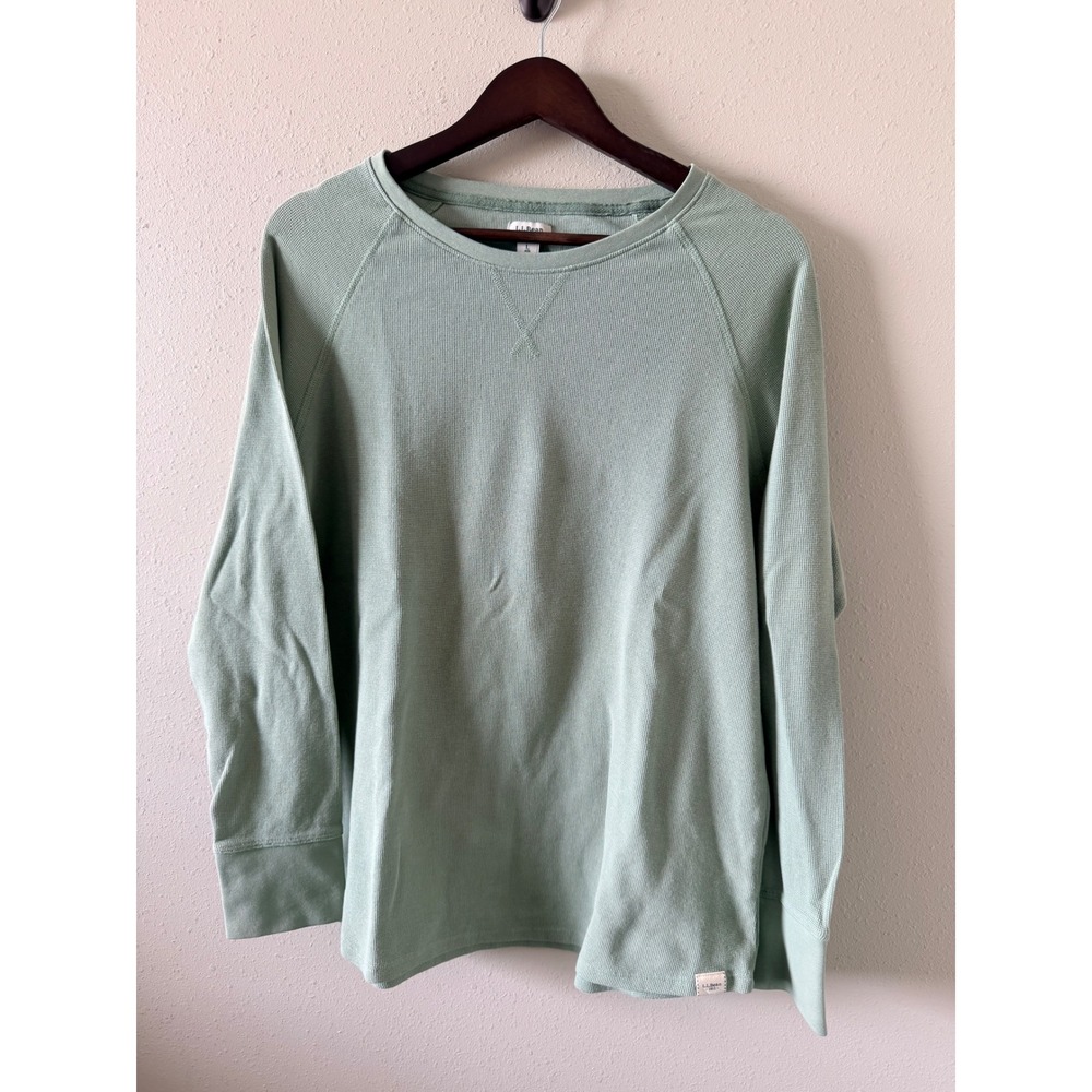 L.L.Bean Women's Large Green Waffle Knit Thermal Long Sleeve Cotton Top